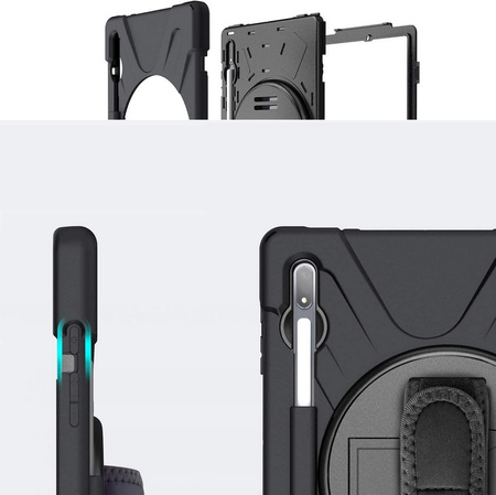 Etui D-Pro 360 Armor Strap Case obudowa pancerna z uchwytem na rękę i paskiem na ramię do Samsung Galaxy Tab S7 Plus / S8 Plus / S7 FE / S9 FE Plus / S10 Plus 12.4" (Czarny)