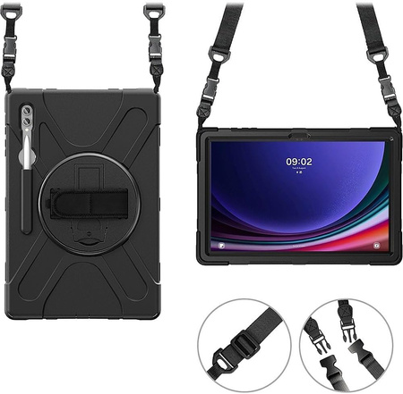 D-Pro 360 Armor Strap Case etui pancerne z uchwytem na rękę i paskiem na ramię do Samsung Galaxy Tab S8 Ultra / S9 Ultra / S10 Ultra 14.6" (Czarne)