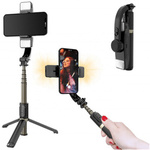 Gimbal Selfie Stick Twin LED kijek do zdjęć tripod statyw pilot Bluetooth 79cm (Czarny)