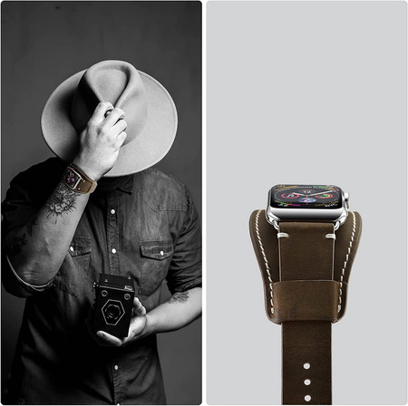 Pasek skórzany szeroki Dundee Band vintage do Apple Watch 1/2/3/4/5/6/7/8/9/SE/ Ultra 1/2 42/44/45/49mm (Brązowy)