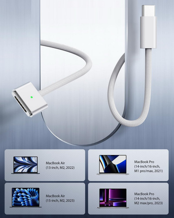 Kabel przewód zasilający magnetyczny 140W USB-C MagSafe3 do ładowania Apple MacBook Pro 14/16 Air 13/15 M2 M3 M4 200cm 2m (HQ) (Czarny)