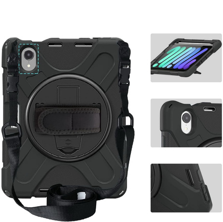 Etui D-Pro 360 Armor Strap Case Pencil Slot obudowa pancerna z uchwytem na rękę i paskiem na ramię z miejscem na rysik Apple Pencil do iPad Mini 6/7 (2021/2024) (Czarny)