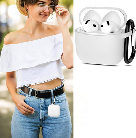 Etui D-Pro Silicone Case silikonowa obudowa z metalowym karabińczykiem do Apple AirPods 4 (2024) (Biały)