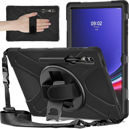 D-Pro 360 Armor Strap Case etui pancerne z uchwytem na rękę i paskiem na ramię do Samsung Galaxy Tab S8 Ultra / S9 Ultra / S10 Ultra 14.6" (Czarne)