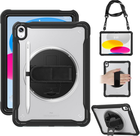 D-Pro 360 Shock V2 Strap Case etui pancerne z uchwytem na rękę i paskiem na ramię do Apple iPad 7/8/9 10.2 (Czarny)