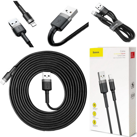 Kabel Baseus Cafule przewód mocny szybki nylonowy oplot USB-A do Lightning QC 3.0 200cm  (Czarny)