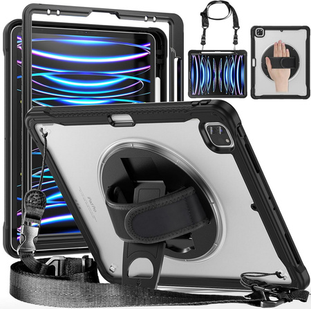 D-Pro 360 Shock V2 Strap Case etui pancerne z uchwytem na rękę i paskiem na ramię do Apple iPad Air 4 10.9" / Air 5 10.9" / Air 6 M2 11" (2024) / Air 7 M3 11" (2025) / iPad Pro 11 (2018/2020/2021/2022) (Czarny)