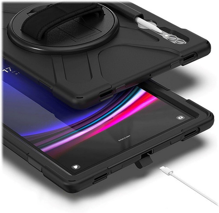 D-Pro 360 Armor Strap Case etui pancerne z uchwytem na rękę i paskiem na ramię do Samsung Galaxy Tab S8 Ultra / S9 Ultra / S10 Ultra 14.6" (Czarne)